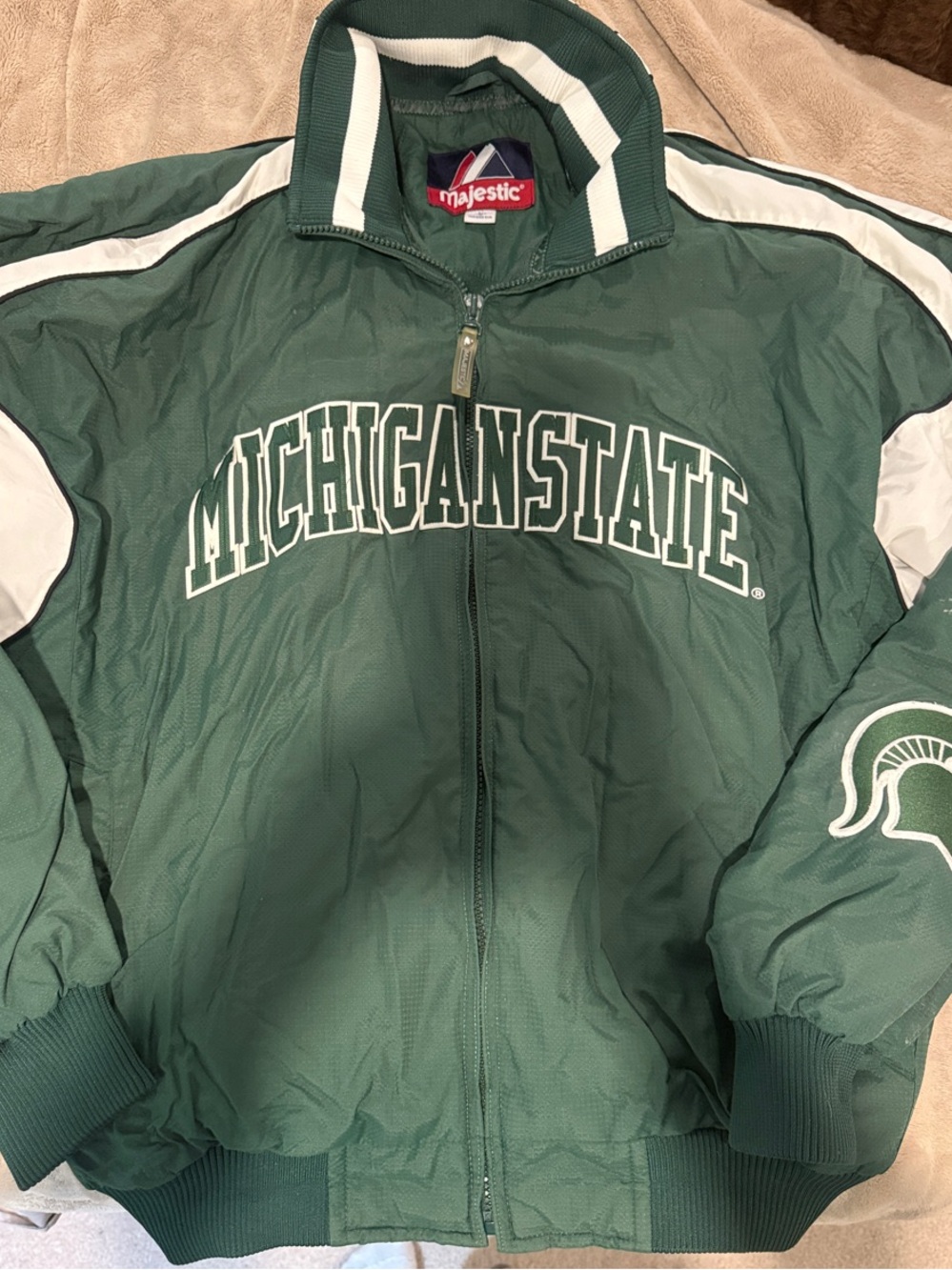 Vintage Majestic Green and White Michigan State Zip-Up Bomber Jacket